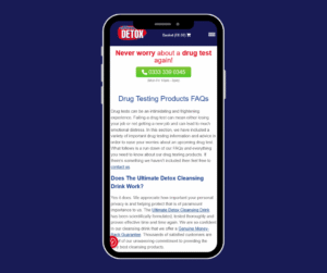 Drug testing products faqs displayed on a mobile phone